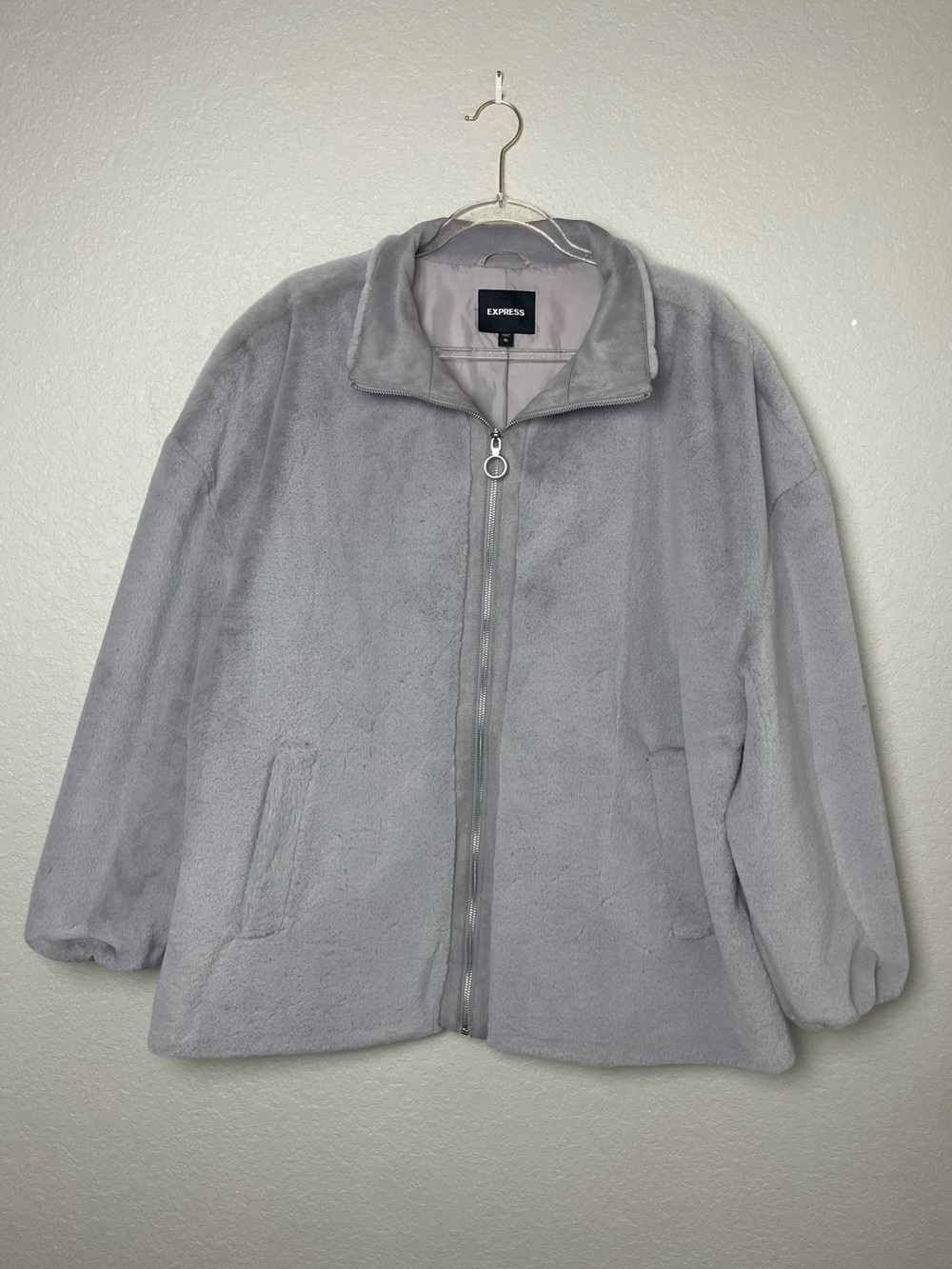 Express Gray Plush Faux Fur Zip Front Jacket Size XL